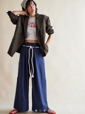 Free People Navy Pinstripe Wide-Leg Pants with Cream Rope Belt